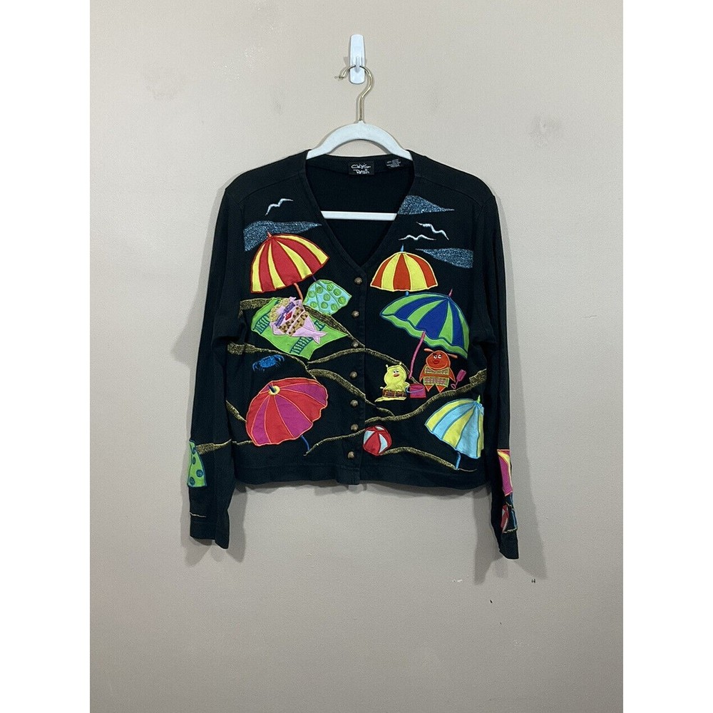 VTG Christina Rotelli Womens Beach Cardigan Size Med Black Art to Wear Funky 90s